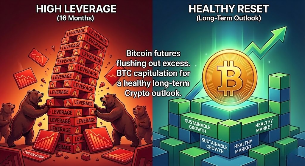 NetGlimpse's tweet photo. Bears are resetting the #Bitcoin futures market. After 16 months of high leverage, this #BTC capitulation is flushing out excess risk—a healthy and positive move for the long-term #Crypto outlook. https://t.co/hr31Q4lLv2