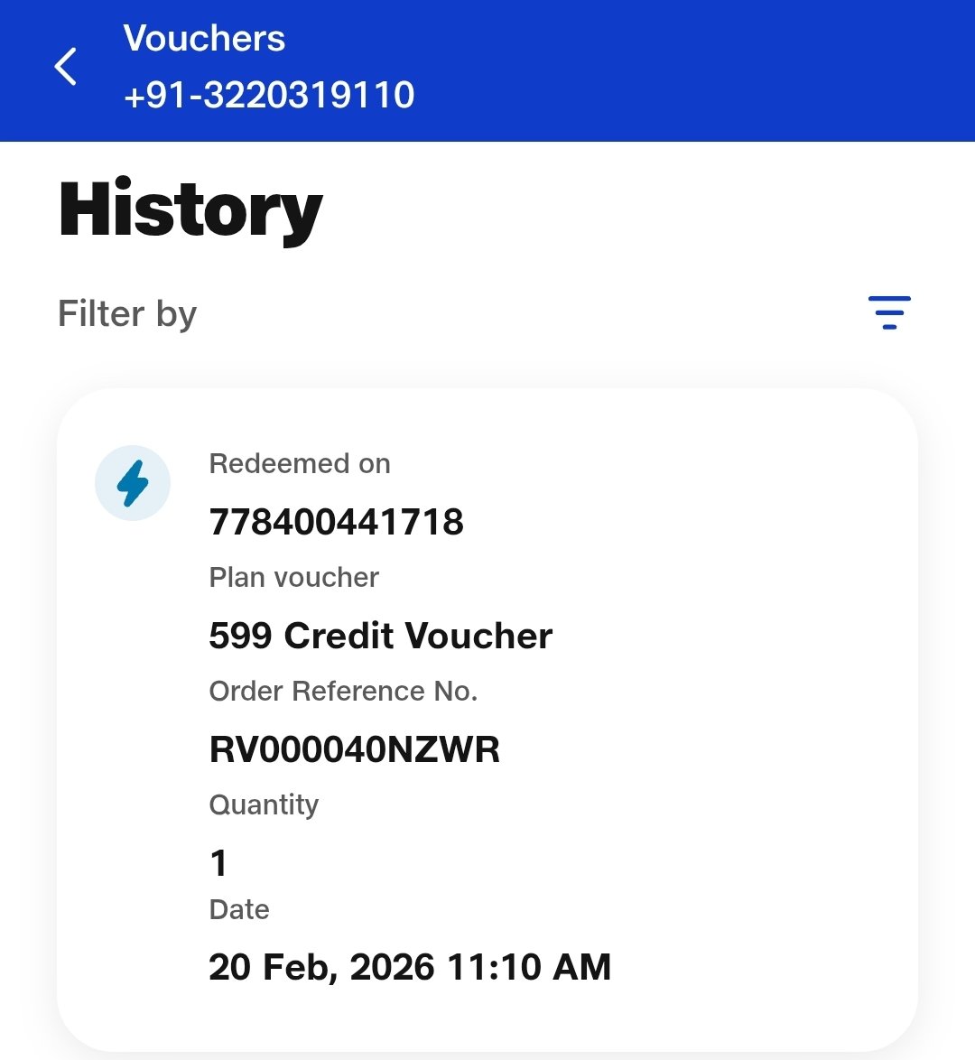 internx404's tweet photo. My ₹599 credit voucher (Order Ref: RV000040NZWR, dated 20 Feb 2026 11:10 AM) is showing redeemed on number 778400441718 which is not my number. Please check redemption logs and raise complaint for wrong credit.@JioCare https://t.co/uqZArcM735