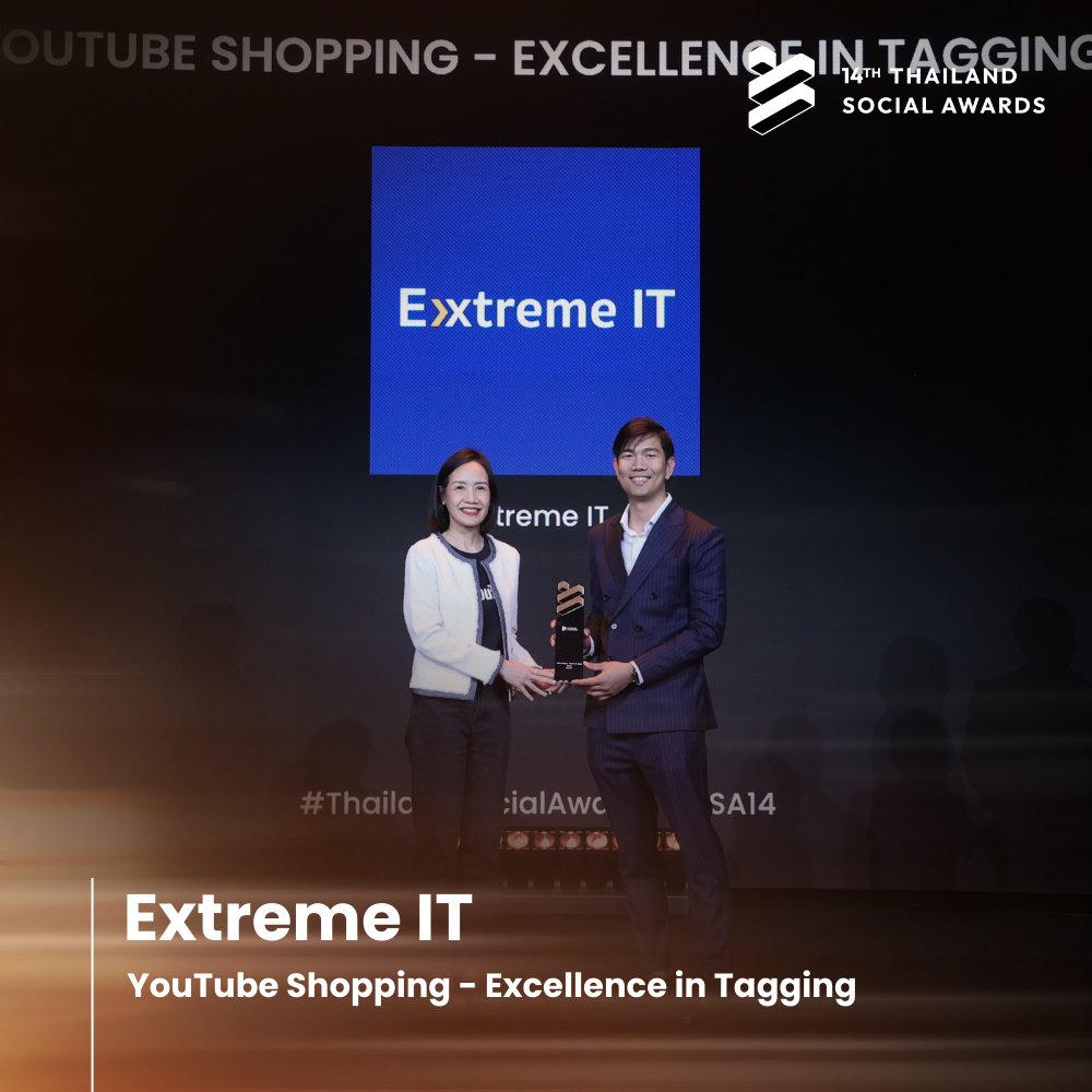 SocialAwardsTH's tweet photo. ผู้ชนะในหมวด Best Performance on Platforms สาขา YouTube Shopping - Excellence in Tagging ได้แก่ Extreme IT
#ExtremeIT
#ThailandSocialAwards #TSA14 https://t.co/qY95TBpsWc