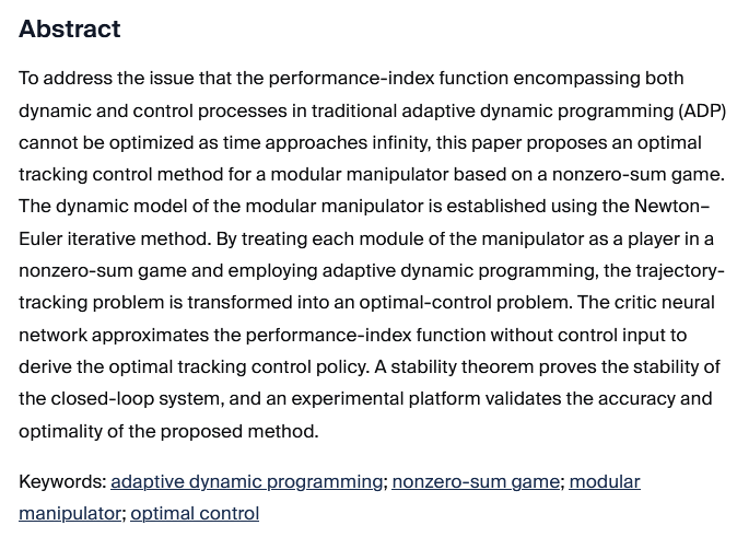 RoboticsMDPI's tweet photo. #NewPaperOnline
📖 Nonzero-Sum Game-Based Modular Manipulator Optimal Tracking Control: Performance-Index Function Without Control Input
👉 https://t.co/k6xg6vxvQs
✍  By Bing Ma, Zebin Ji, Yi Qin, Xinye Zhu and Tianjiao An

#Robotics #optimalcontrol https://t.co/JK1S5bdGWm