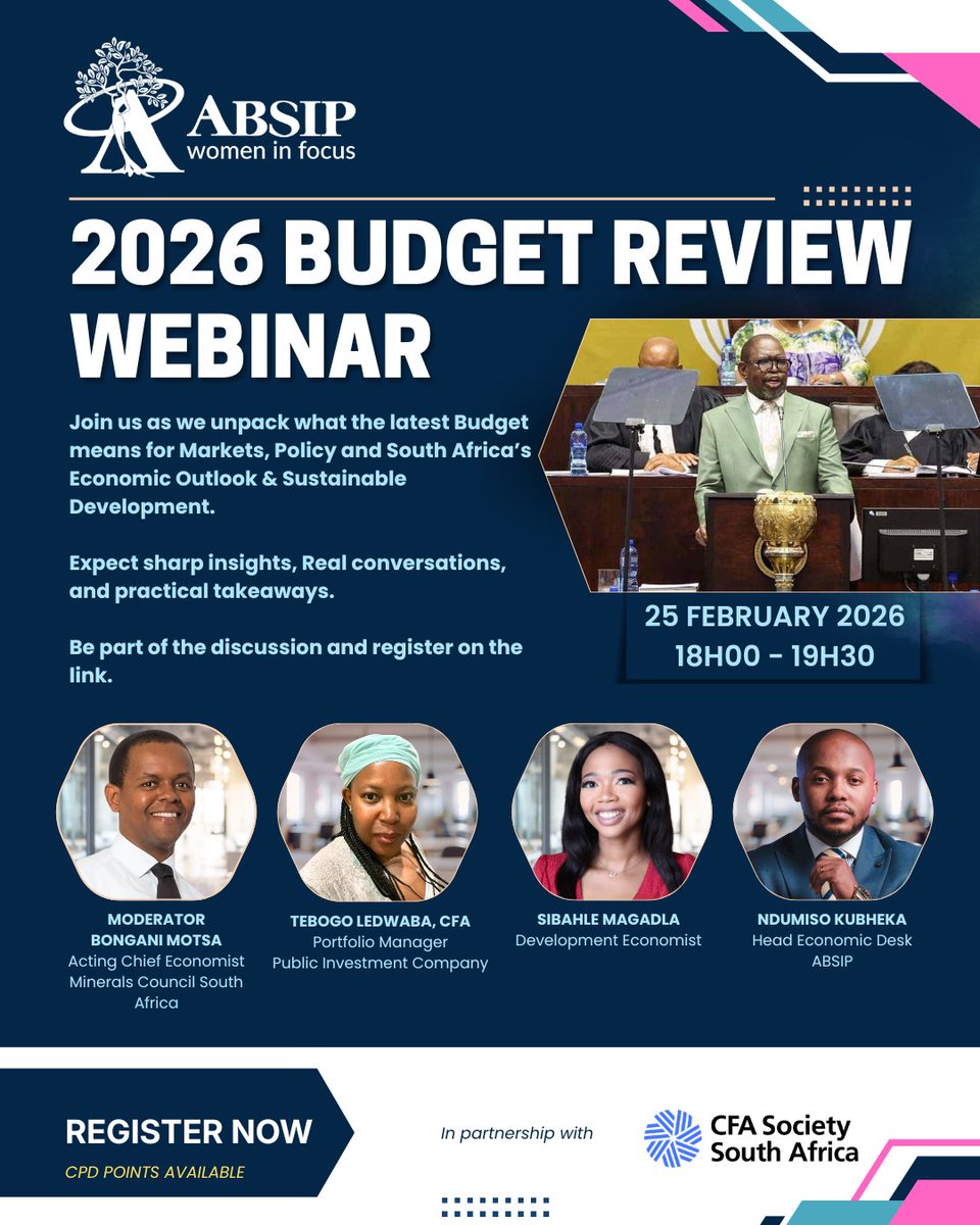 Be the first to get more details on the National Budget! Join us, in partnership with CFA Society South Africa, via webinar on 𝟮𝟱 𝗙𝗲𝗯𝗿𝘂𝗮𝗿𝘆 𝟮𝟬𝟮𝟲 (𝟲 𝗣𝗠 - 𝟳:𝟯𝟬 𝗣𝗠) as we unpack the latest Budget with a sharp focus on Markets, Policy, Growth and the Economic