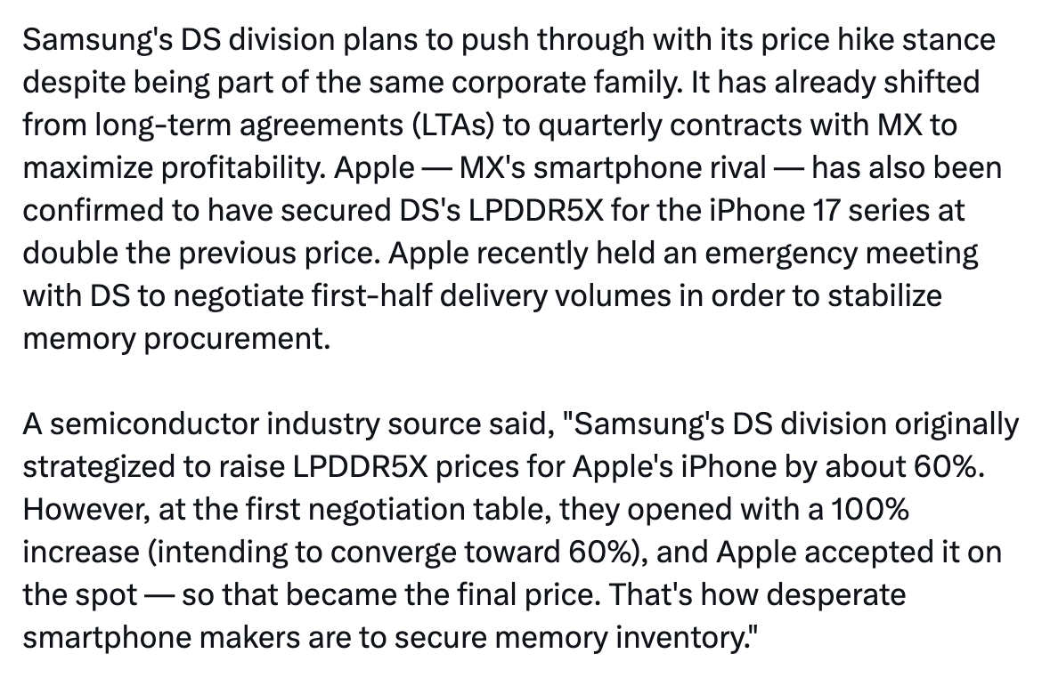 LMAO, Samsung asked for 100% thinking they’d negotiate down to 60% with Apple, but Apple just immediately agreed to the full 100% lol.