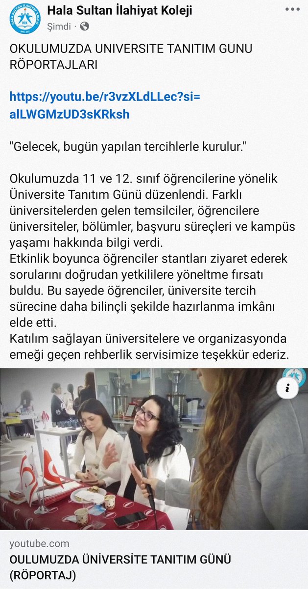 OKULUMUZDA ÜNİVERSİTE TANITIM GÜNÜ RÖPORTAJLARI

youtu.be/r3vzXLdLLec?si…

"Gelecek, bugün yapılan tercihlerle kurulur." 

Okulumuzda 11 ve 12. sınıf öğrencilerine yönelik Üniversite Tanıtım Günü düzenlendi. Farklı üniversitelerden gelen temsilciler,