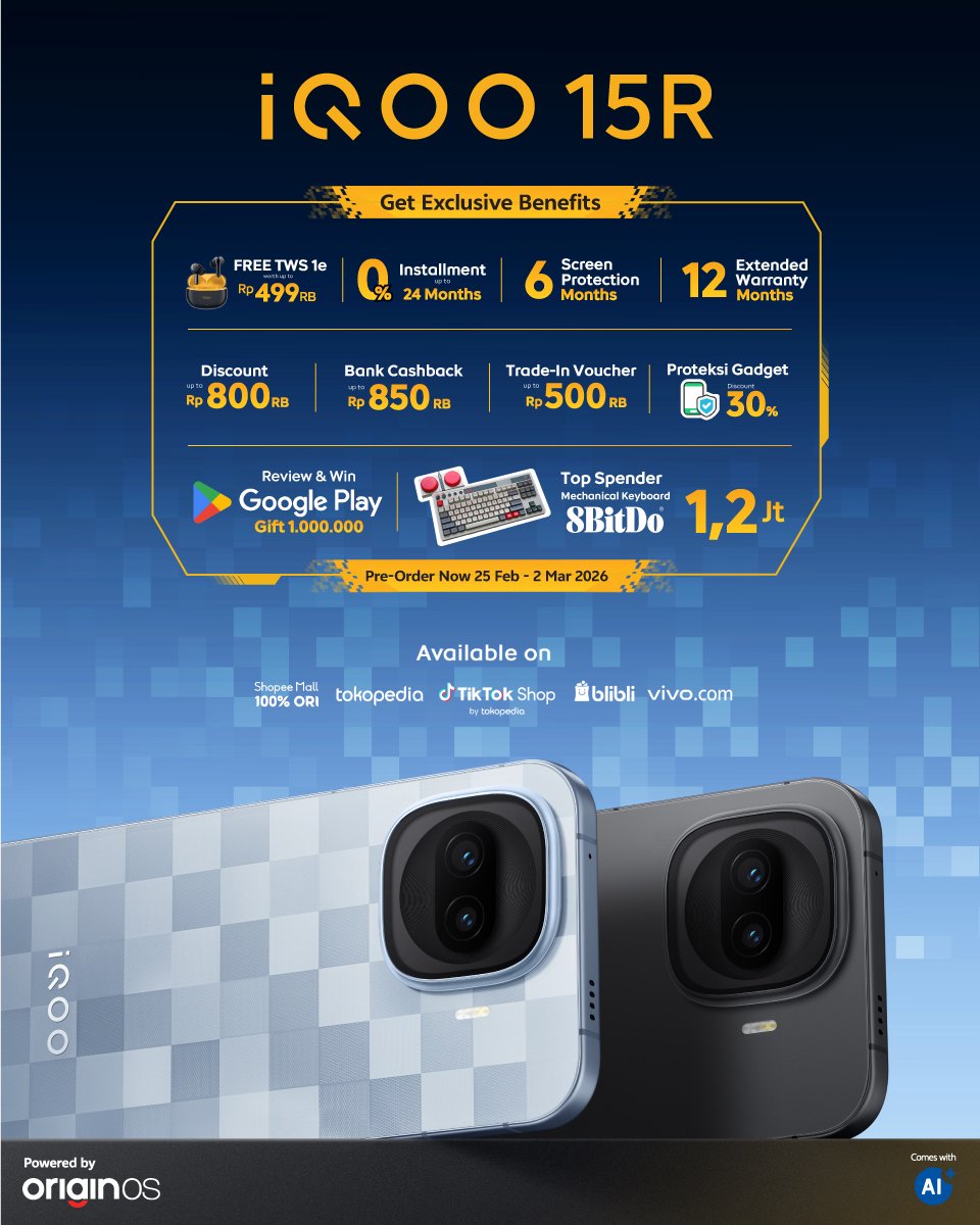 🔥 Exclusive Launch Deals: 25 Februari - 2 Maret 2026! 🔥

iQOO 15R bukan cuma soal angka, tapi soal Relentless Performance yang bikin hidup kamu makin lancar. Kerja sat-set, ngonten makin asik, dan gaming tetap stabil. 

It’s time to switch to the best!✨
Pre-order now: