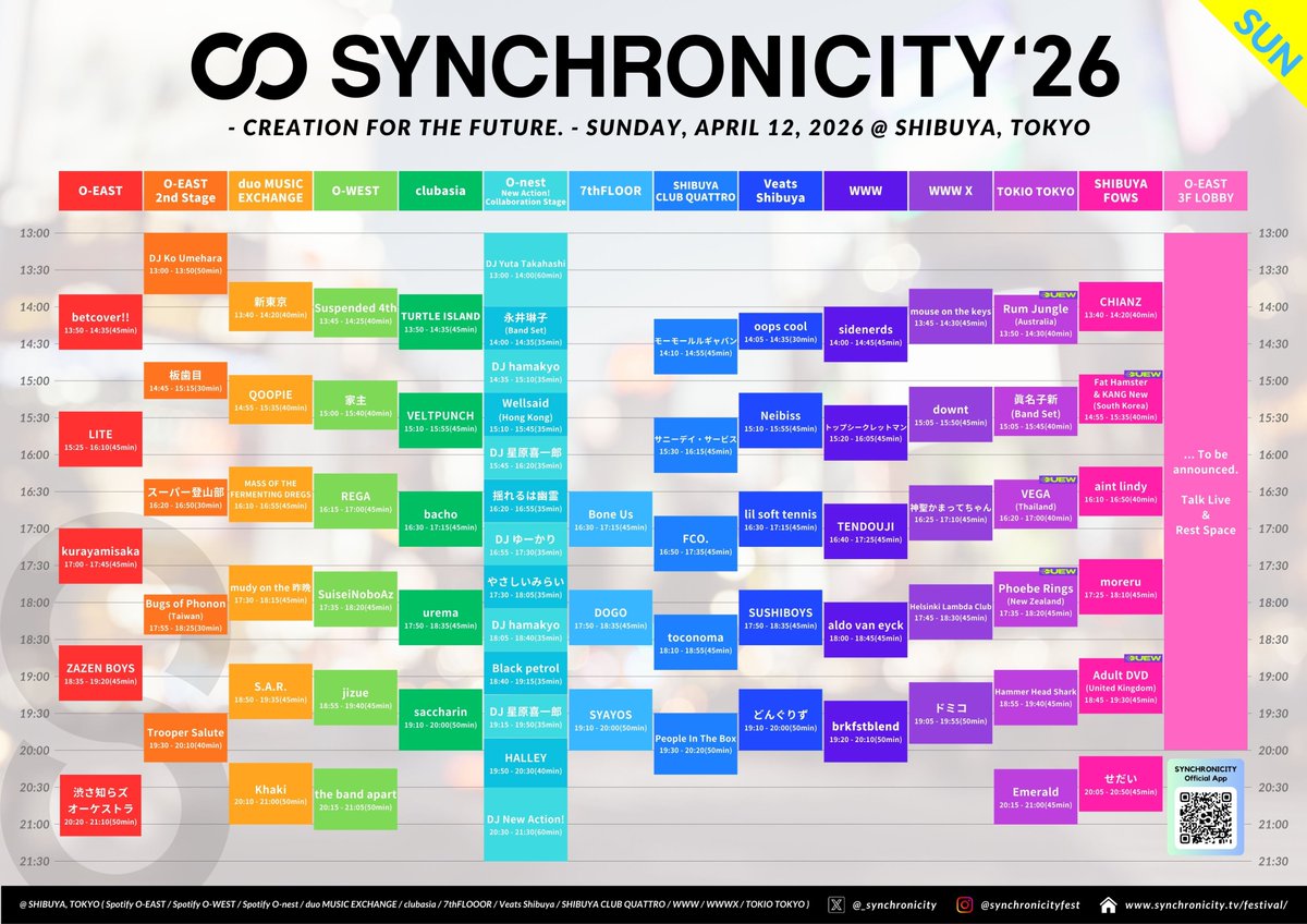 🔥News🔥
『SYNCHRONICITY’26』タイムテーブル解禁❗チケット一般発売スタート‼️全140組のタイムテーブルがついに公開⚡チケット残り少なくなってきてますので、お早めにどうぞ〜🌟

🎟TICKET《先着》
w.pia.jp/t/synchronicit…

🌏INFO
synchronicity.tv/festival/news/…

#SYNCHRONICITY26