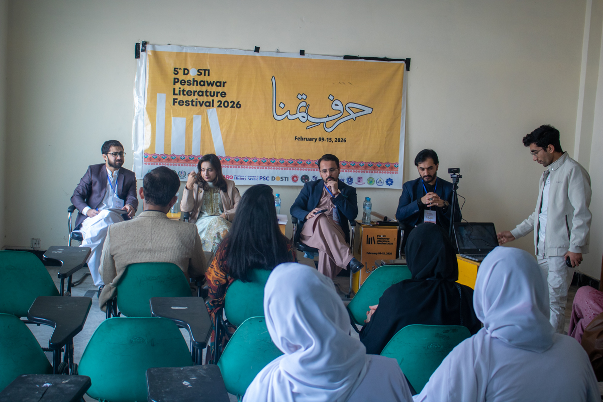 peshawarfest's tweet photo. At the 5th Dosti Peshawar Literature Festival 2026 (DPLF 5), a compelling panel on “Media, Social Issues &amp; International Affairs” featured Manal Mehmood, Murtaza Mehsud, and Shahab ur Rehman, moderated by Sajid Anwar Wardak. https://t.co/XdduyAHRjf