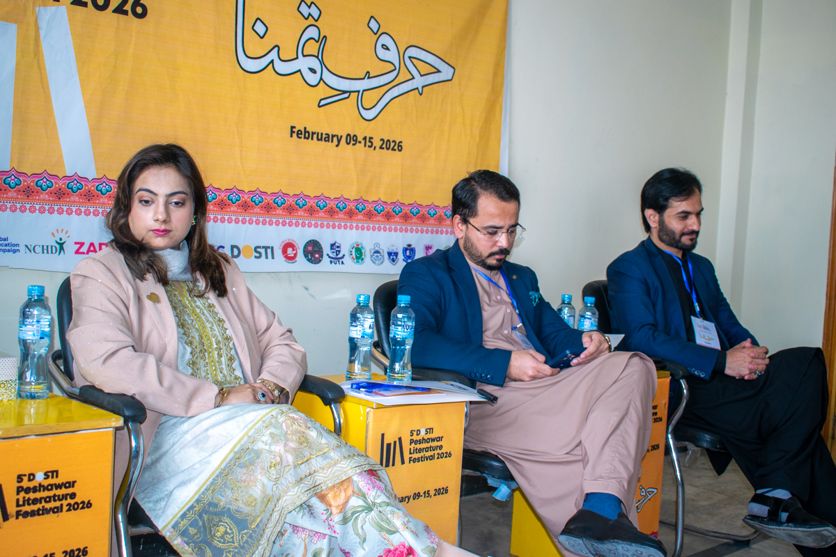 peshawarfest's tweet photo. At the 5th Dosti Peshawar Literature Festival 2026 (DPLF 5), a compelling panel on “Media, Social Issues &amp; International Affairs” featured Manal Mehmood, Murtaza Mehsud, and Shahab ur Rehman, moderated by Sajid Anwar Wardak. https://t.co/XdduyAHRjf
