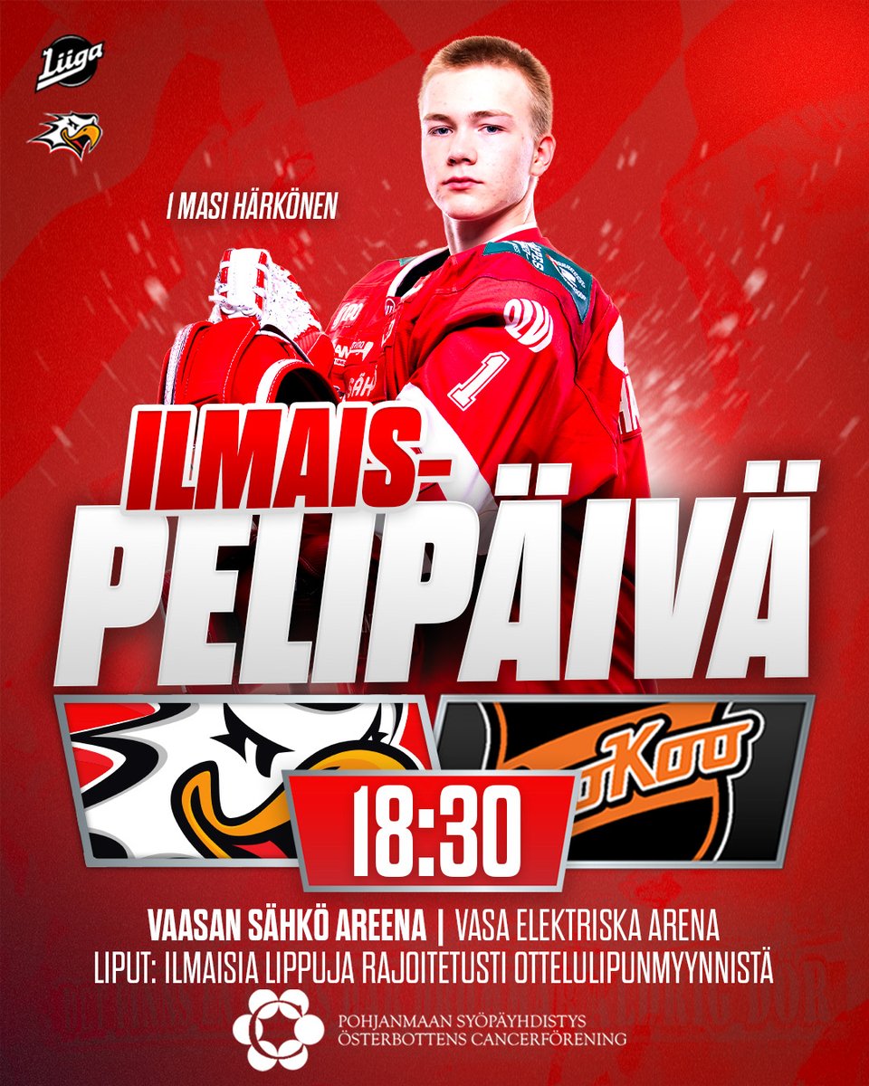 VaasanSport's tweet photo. ILMAIS- JA HYVÄNTEKEVÄISYYSOTTELU TÄNÄÄN! ❤️🤍 Kotkavastuukumppanit tarjoavat yleisölle ilmaiset otteluliput illan kamppailuun ja samalla tuemme yhdessä Pohjanmaan syöpälapsipotilaita. Ilmaislippuja voi noutaa tuntia ennen ottelua ottelulipunmyynnistä. 🤩

#VaasanSport  #Liiga https://t.co/WKY7jkFrPK