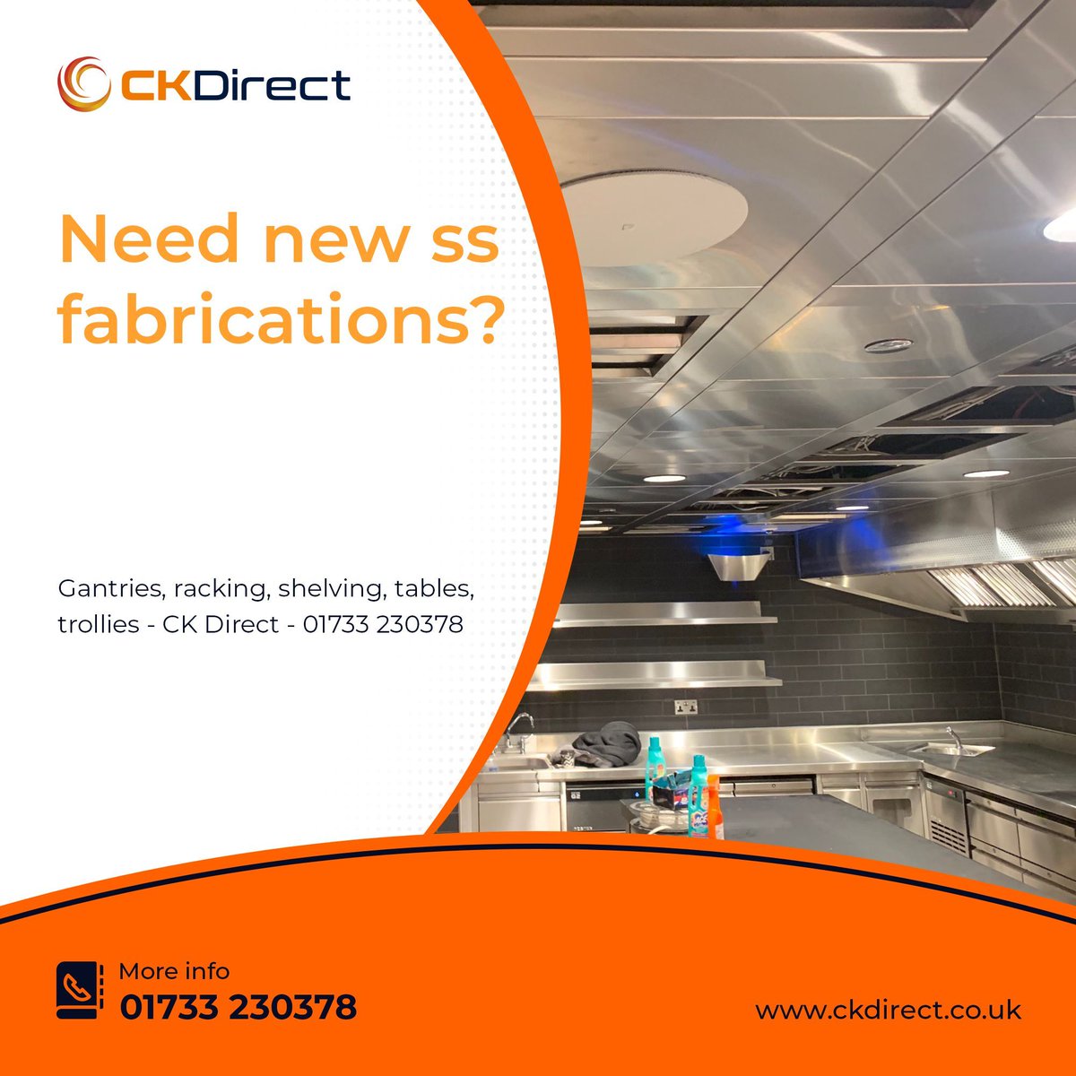 Need new ss fabrications?
Gantries, racking, shelving, tables, trollies - CK Direct - 01733 230378 ckdirect.co.uk/stainless-stee…