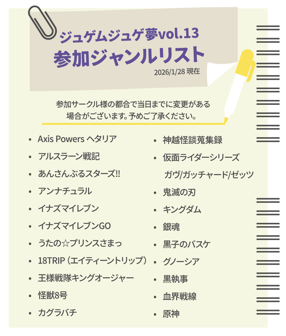 jugem_dream's tweet photo. 本日までに「参加サークル様が申し込み時に登録しているジャンル」の一覧です。こちらのリストは随時更新いたします！ （集計のタイミングによって多少のズレがある場合がございます）
#ジュゲムお知らせ https://t.co/RjpN6l6QTJ