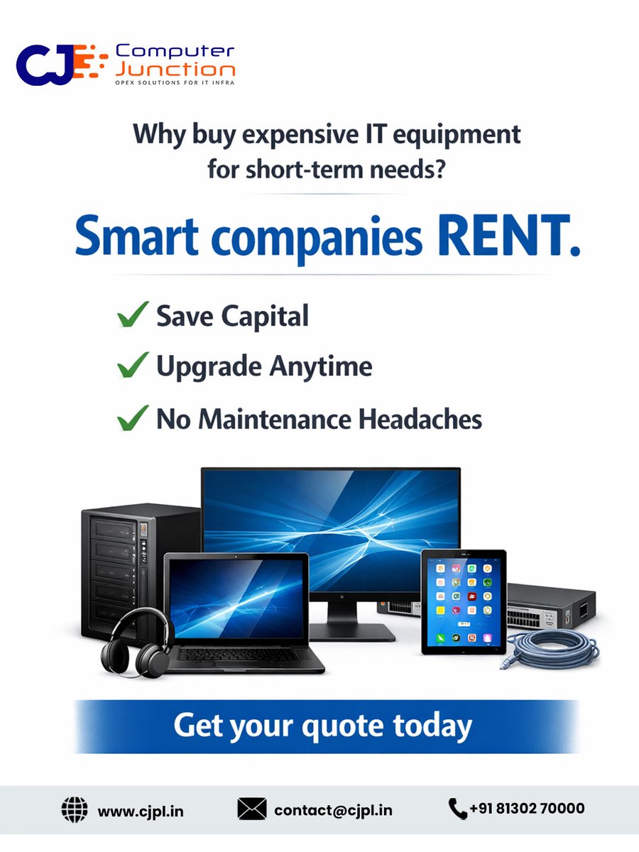 cjpl_in's tweet image. Get your customized quote today from Computer Junction.
Visit cjpl.in to get started.

#ComputerJunction #CJPL #ITRentalSolutions #SmartBusiness #TechOnRent #CorporateIT #BusinessSavings #ITLeasing #CostEffectiveIT #EnterpriseSolutions