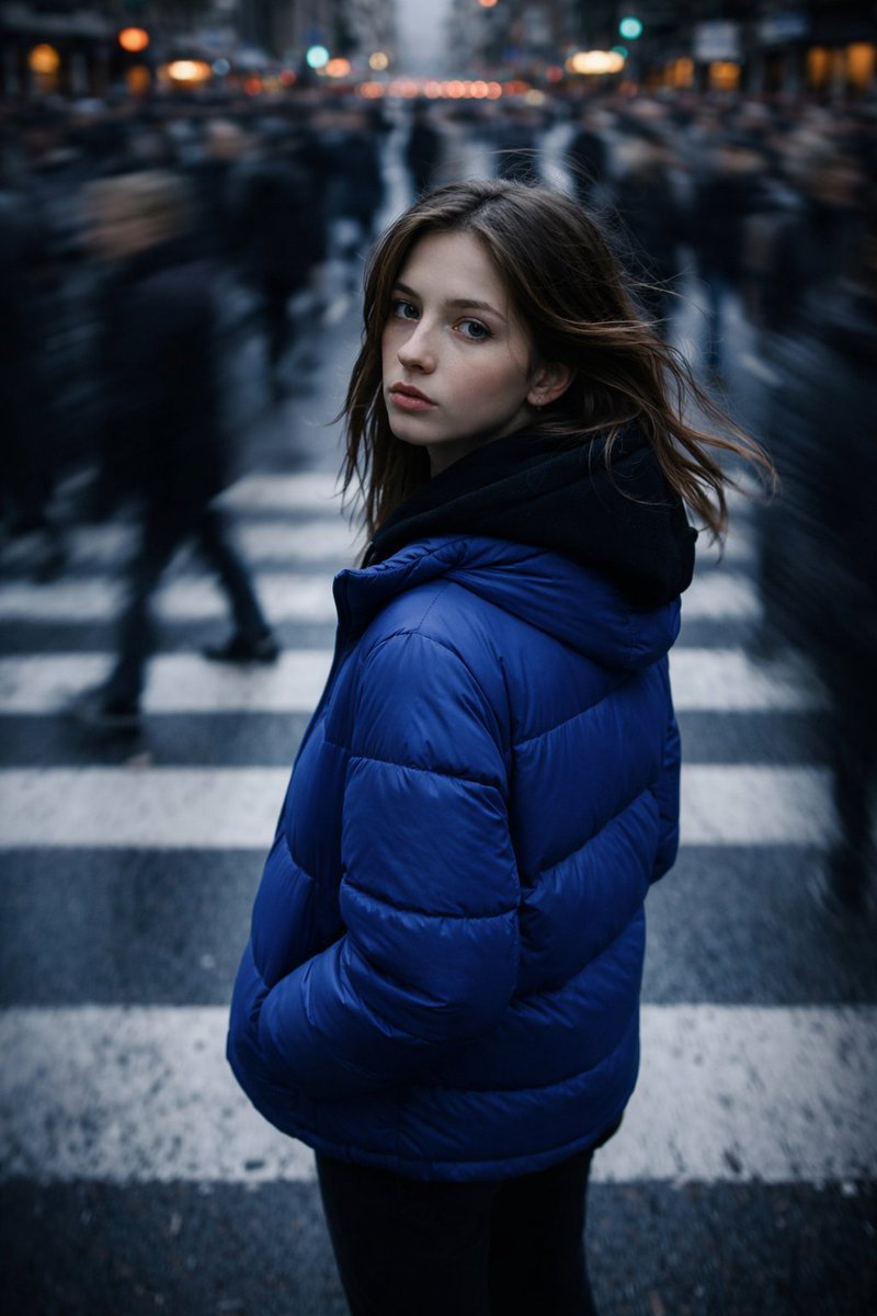 Minahil42298354's tweet image. Images on ChatGPT 

Prompt:
Ultra-realistic cinematic street portrait of a young woman wearing a bright cobalt blue puffer jacket standing still in the middle of a busy urban crosswalk, surrounded by a fast-moving crowd creating dramatic long-exposure motion blur. In one frame