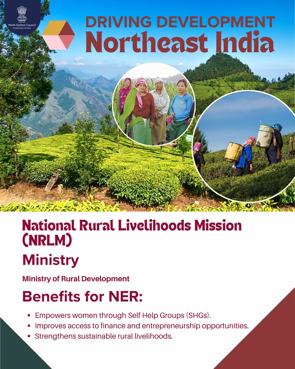NEC_GoI's tweet image. National Rural Livelihoods Mission (NRLM)
Empowering communities, one initiative at a time.
Driving financial inclusion and unlocking entrepreneurial potential across rural Northeast India.

#NRLM #WomenEmpowerment #SelfHelpGroups #NortheastIndia
