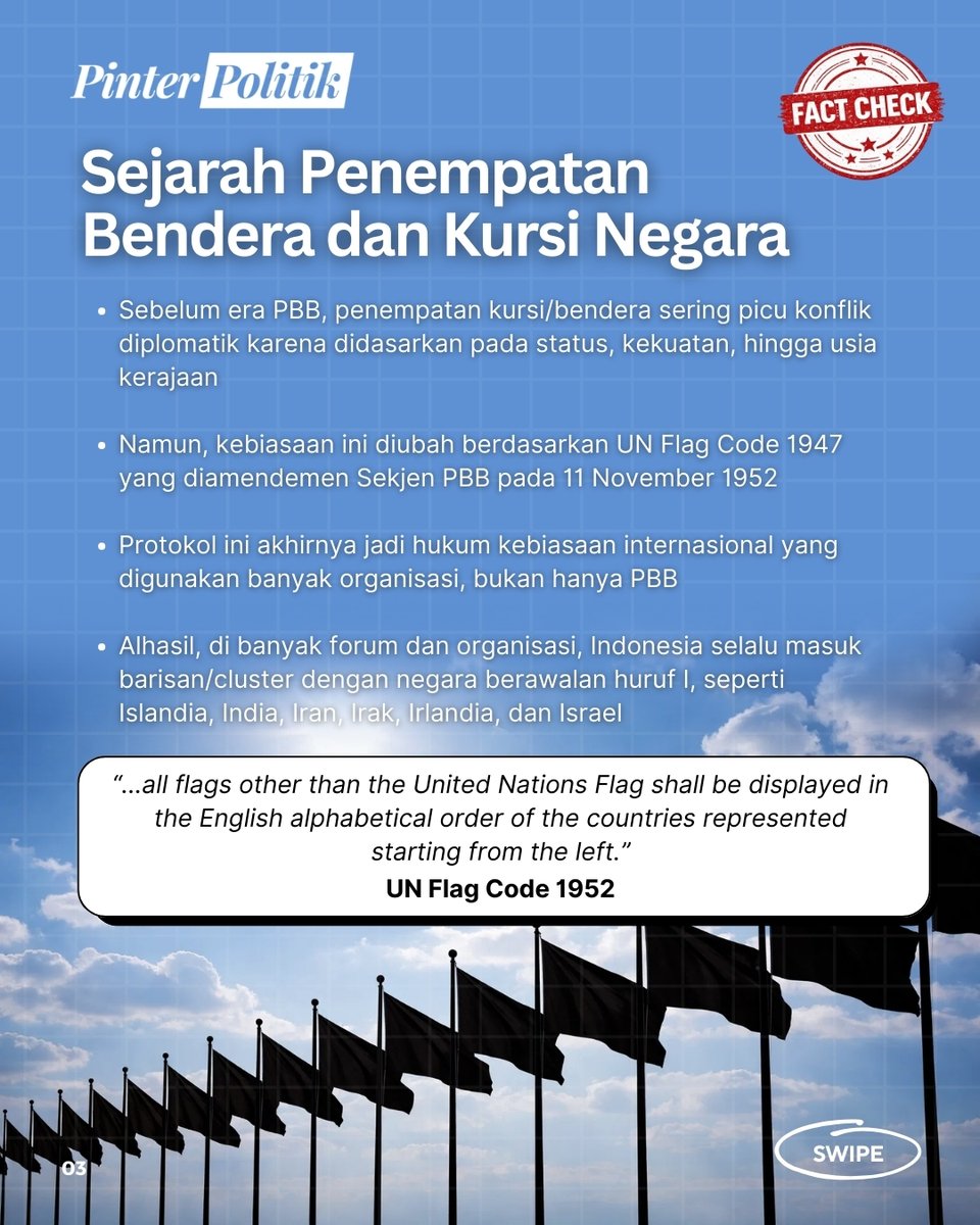 pinterpolitik's tweet photo. Sebelum era PBB modern, urusan posisi bendera dan tempat duduk delegasi ini sering banget memicu ketegangan diplomatik. Siapa yang militernya lebih kuat atau kerajaannya lebih tua, maunya ditaruh di depan.
#pinterpolitik #JagaNegeri #bendera #BoP #BoardofPeace https://t.co/SKXlAiotlu