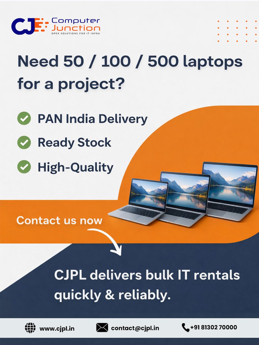cjpl_in's tweet image. Connect with Computer Junction (CJPL) today and secure your bulk IT rental at cjpl.in 

#ComputerJunction #CJPLIndia #LaptopOnRent #BulkDeployment #CorporateIT #ManagedIT #ITInfrastructure #StartupSupport #ScalableIT #TechSolutions