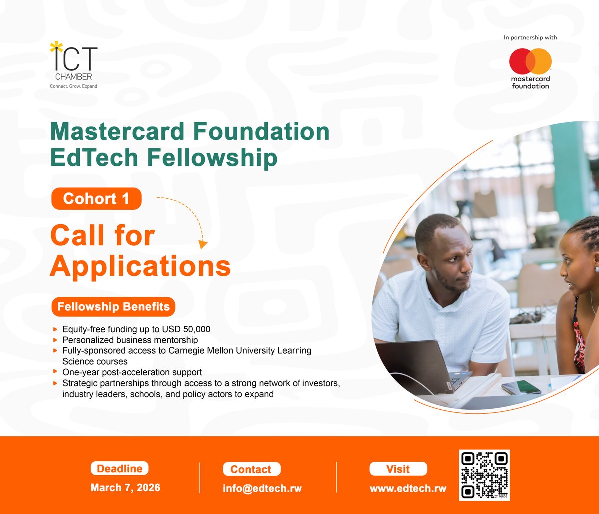 rwictchamber's tweet photo. #Opportunity for #EdTechs in Rwanda!
Does your EdTech Company have an operational EdTech product with proven traction, and demonstrate the potential to reach at least 5,000 learners within 12 months?
We are looking for growth-stage #EdTech companies with solutions that improve learning outcomes, strengthen teaching and learning, and intentionally promote inclusive education by serving underserved learners (low-income and rural communities, women, refugees, and learners with disabilities).
Learn more about the Fellowship and submit your application today or share this opportunity with #EdTech companies in your connections> https://t.co/NCGSxgS8Yt
#EdTech #innovation #inclusion #scale