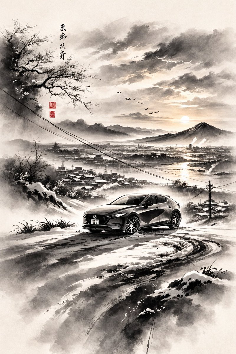 GPTに作ってもらった水墨画調のMAZDA3と風景