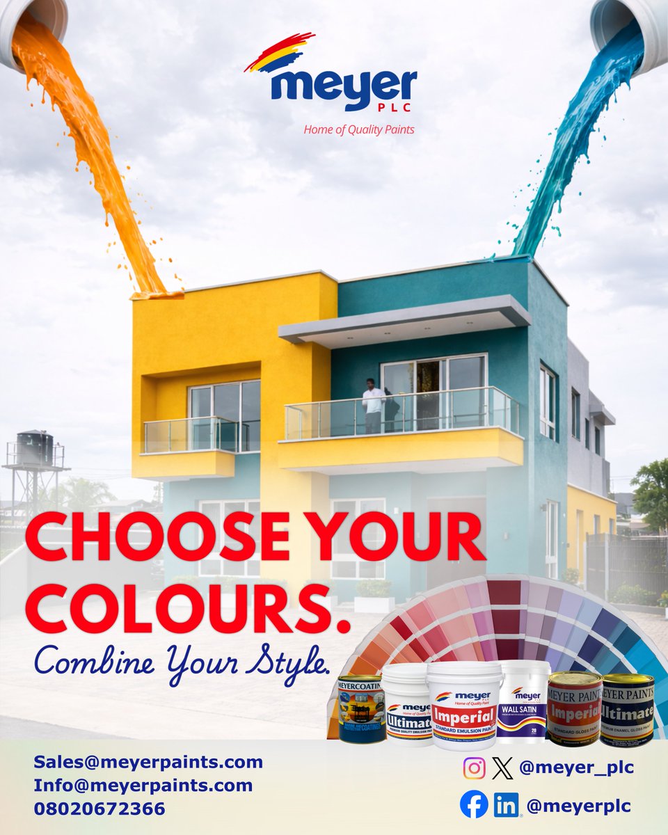 meyer_plc's tweet photo. One colour makes a statement, but two or more create a magic. 

From the first pour to the final coat, Meyer Plc brings your dream colour pairings to life with premium quality and lasting brilliance.

#Colourcombination #PerfectPairing #Meyerpaints #Qualitypaints https://t.co/rH1XXJ0PiX