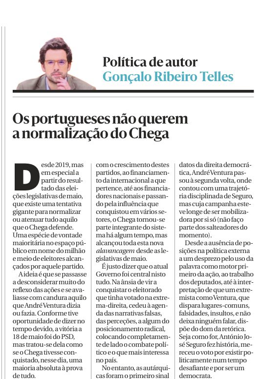Hoje no <a href="/dntwit/">Diário de Notícias</a>. “…Daqui regresso ao reflexo mais importante: a maioria dos portugueses não quer a normalização do partido de André Ventura e o Governo perdeu quase dois anos a acreditar no contrário. 

Junte-se isto aos muitos nos media que anseiam pelo dr. Passos Coelho para