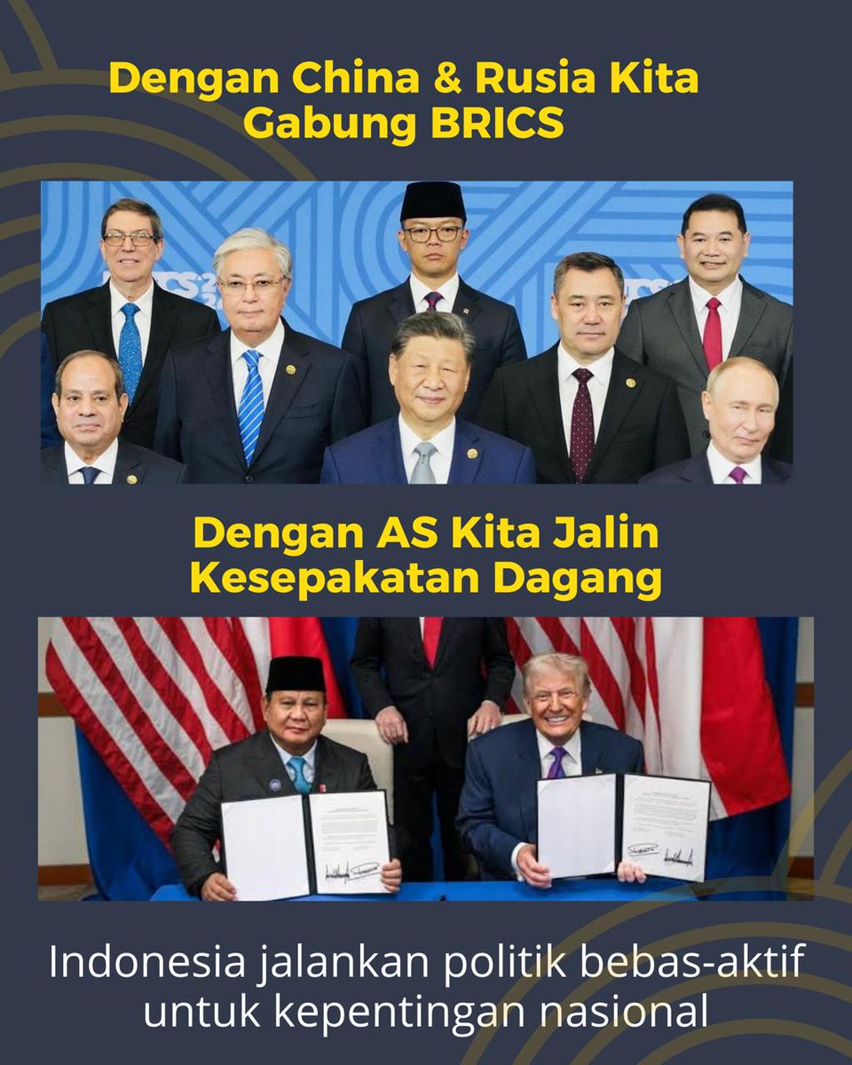 magicpetalism's tweet photo. negara kita menjalin Ekonomi Bebas Aktif bersama negara-negara maju lainnya. bersama china &amp; rusia, negara kita gabung brics. bersama as negara kita menjalin kesepakatan dagang https://t.co/ZpbnlXx4y8