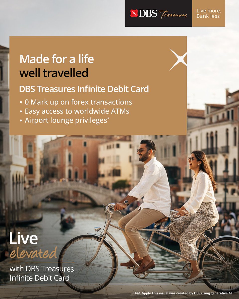 DBSBankIndia's tweet image. When access is effortless, the moment stays uninterrupted. The DBS Treasures Infinite Debit Card gives you seamless access, elevated limits, and travel privileges, so ease follows you wherever you go.

Know more: dbs.bank.in/in/treasures/d… 

#DBSBankIndia #LivemoreBankless 

*T&amp;amp;C