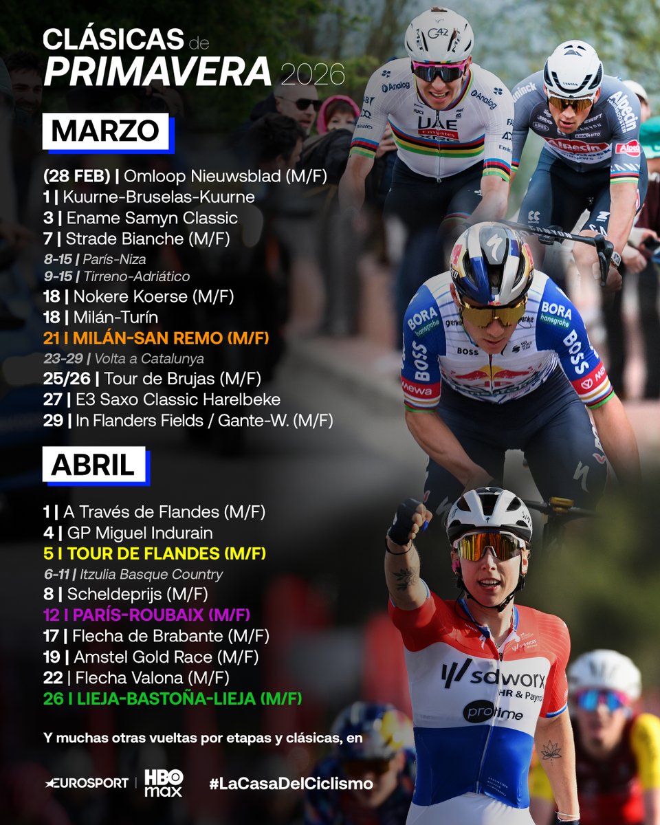 😍🚴🏼‍♂️ El mejor período de la temporada ciclista YA ESTÁ AQUÍ

🪨⛰️ Pavé, muros, sterrato. Cuatro Monumentos y mil aventuras en dos meses épicos.

‼️ TODAS las clásicas de primavera, en Eurosport y <a href="/StreamMaxES/">HBO Max España</a>, #LaCasaDelCiclismo