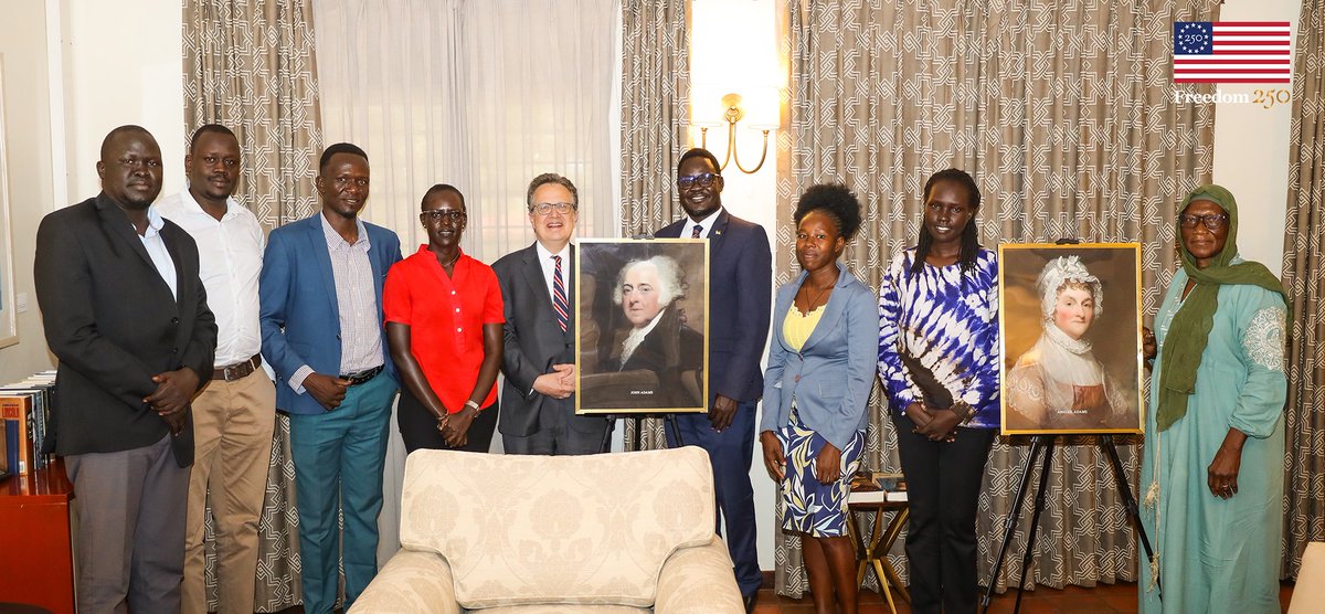 USEmbassyJuba's tweet photo. To mark Presidents Day, AMB Adler hosted local journalists to discuss several Presidents and First Ladies who shaped the 🇺🇸.  The journalists learned about the leadership, service &amp; sacrifice of these inspiring icons who helped launch the 🇺🇸 story &amp; shape 🇺🇸 legacy. #Freedom250 https://t.co/7rB1pTCSeI