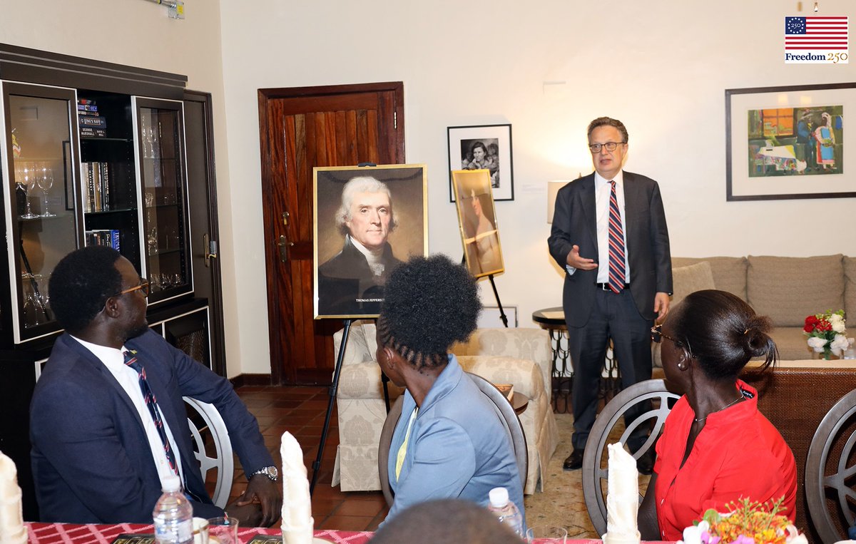 USEmbassyJuba's tweet photo. To mark Presidents Day, AMB Adler hosted local journalists to discuss several Presidents and First Ladies who shaped the 🇺🇸.  The journalists learned about the leadership, service &amp; sacrifice of these inspiring icons who helped launch the 🇺🇸 story &amp; shape 🇺🇸 legacy. #Freedom250 https://t.co/7rB1pTCSeI