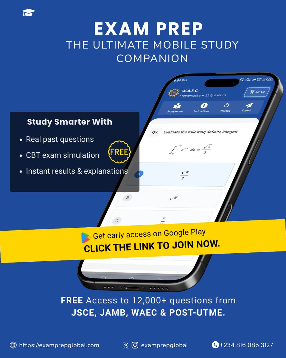 ExamPrepGlobal's tweet photo. WAEC &amp; JAMB are coming 

Practice with 12,000+ real exam questions for FREE.

🎓 JSCE • BECE • WAEC • JAMB • Post-UTME

Get early access on Google Play.

Click the link to join now.
https://t.co/Mrs12Pc4Yd

#WAEC2026 #JAMB2026 #PostUTME #NigeriaStudents #ExamPrep https://t.co/hYKnqpw20D