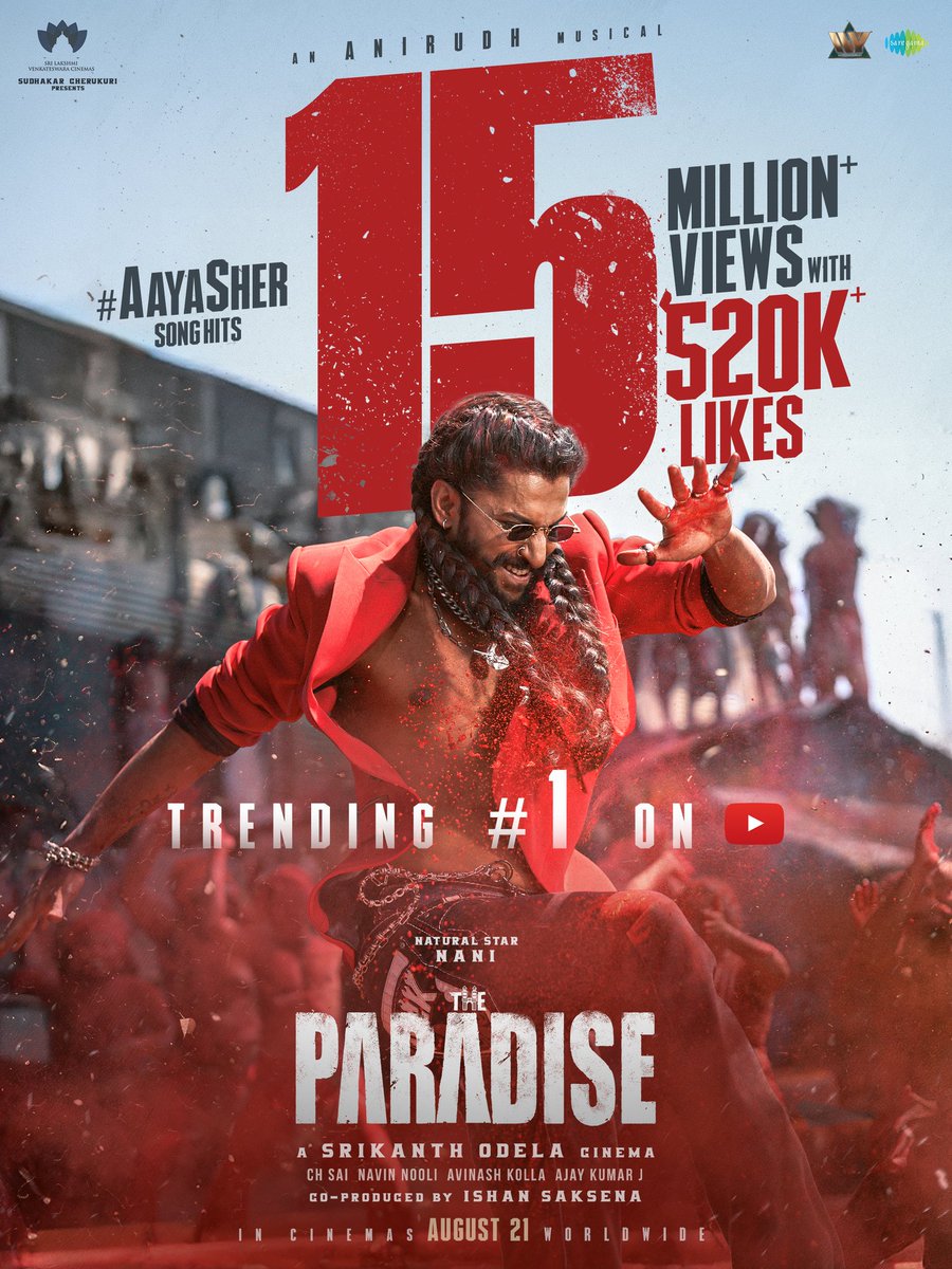 TheParadiseOffl's tweet photo. Aa darr kaa sulthaaney.. Maa ghar kaa saithaaney 💥💥
JUMBALIKAY AAYA SHER ❤‍🔥

#AayaSher 🦁 TRENDING #1 on YouTube with 15 MILLION+ VIEWS &amp; 520K+ LIKES 🔥
▶️ https://t.co/aHavzn5VyL

#TheParadise GRAND RELEASE WORLDWIDE ON AUGUST 21st, 2026 ❤‍🔥

#JadalZamanaFromAug21 https://t.co/UPS3bpETkQ