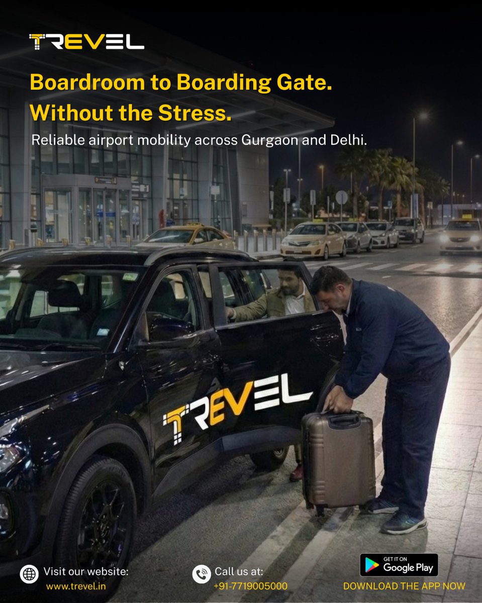 trevel_ind's tweet photo. Boardroom to boarding gate.
No stress no last-minute chaos.
Trevel makes airport travel simple.
On time clean cars polite drivers.
Serving Gurgaon.
Travel calm travel Trevel.

#trevel #travel #cabservice #urbanmobility #evrides #gurgaonrides https://t.co/5994ucHfZM