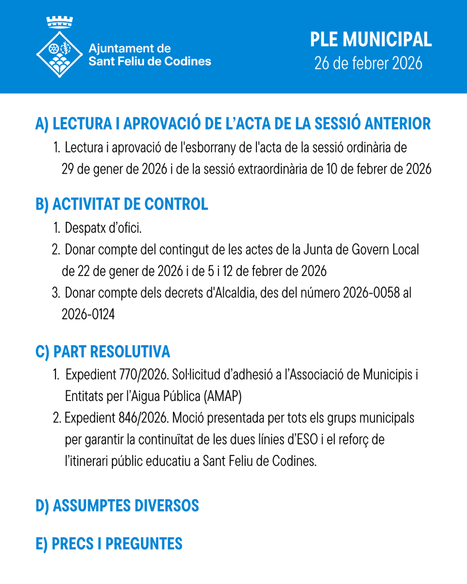 AjSFCodines's tweet photo. 🏛 #PleSantFeliudeCodines | Ple municipal - Sessió ordinària
 
🗓 Dijous 26 de febrer de 2026
🕧 A les 18.30h
📍 Sala de Plens de l'Ajuntament
 
📲 Pots seguir-lo en directe pel Canal de Youtube #canalcodinenc a https://t.co/omyHRXB9yx 
 
Ordre el dia 👇 https://t.co/gGCxLEnCSX