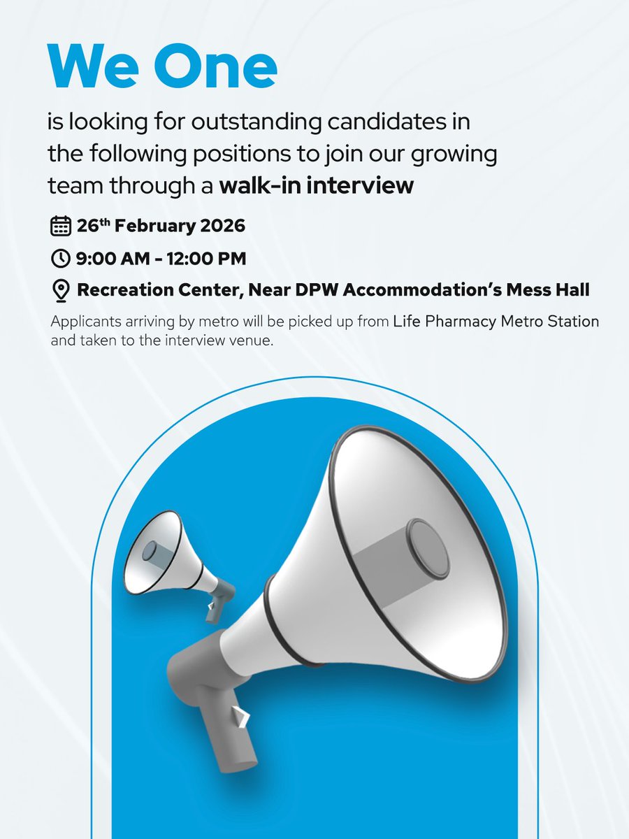 weoneservices's tweet photo. Ready to boost your career? Join We One – powering security, staffing & facility ops across the UAE.
Walk-in Interviews:
🗓️ Thu, Feb 26 | ⏰ 9AM–12PM
📍 Recreation Center, near DPW Accommodation Mess Hall
Bring: CV, Passport & Visa copy
#WeOne #Recruitment https://t.co/si9dDLfULj