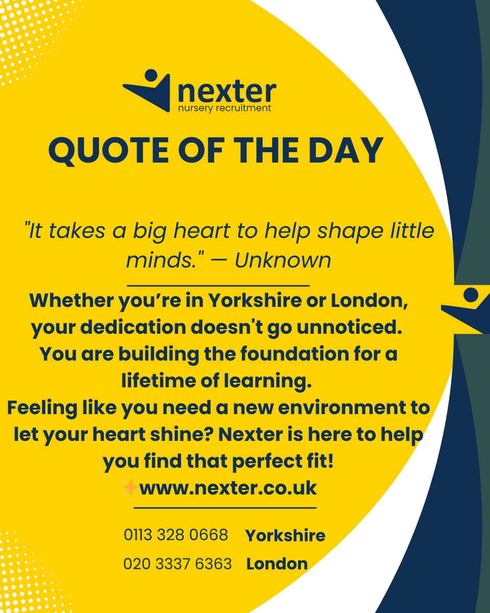 nexterrec's tweet photo. "It takes a big heart to help shape little minds." 💛

Happy Wednesday to all Early Years staff! Halfway through the week—keep up the amazing work! 

Looking for a nursery where your heart for teaching is truly valued?

Apply: https://t.co/TbCEOmw0DB

 #NurseryJobs #MidWeekBoost https://t.co/MnxtHUQDeB