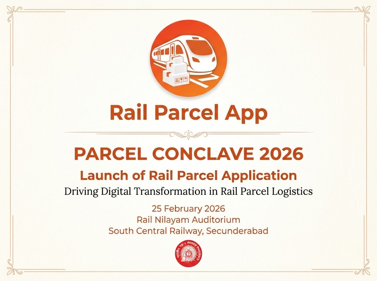 drmgnt's tweet photo. 🚆📦 Parcel Conclave 2026
South Central Railway launches the Rail Parcel App on 25 Feb 2026 at Rail Nilayam, Secunderabad — driving digital transformation in parcel logistics under Indian Railways.
Faster. Smarter. Simpler.
#ParcelConclave2026 #RailParcelApp #SCR #IndianRailways https://t.co/klgHnLB4Rh
