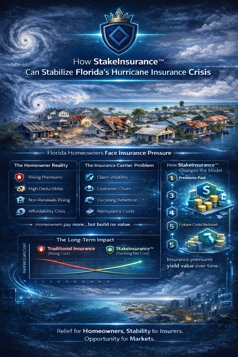 Florida’s insurance crisis is unsustainable. StakeInsurance™ turns premiums into yield, lowering long-term costs for homeowners while stabilizing insurers. The model shift is coming.

#StakeInsurance #FloridaInsurance #HurricaneRisk #InsurTech #Web3Insurance #TokenizedFinance