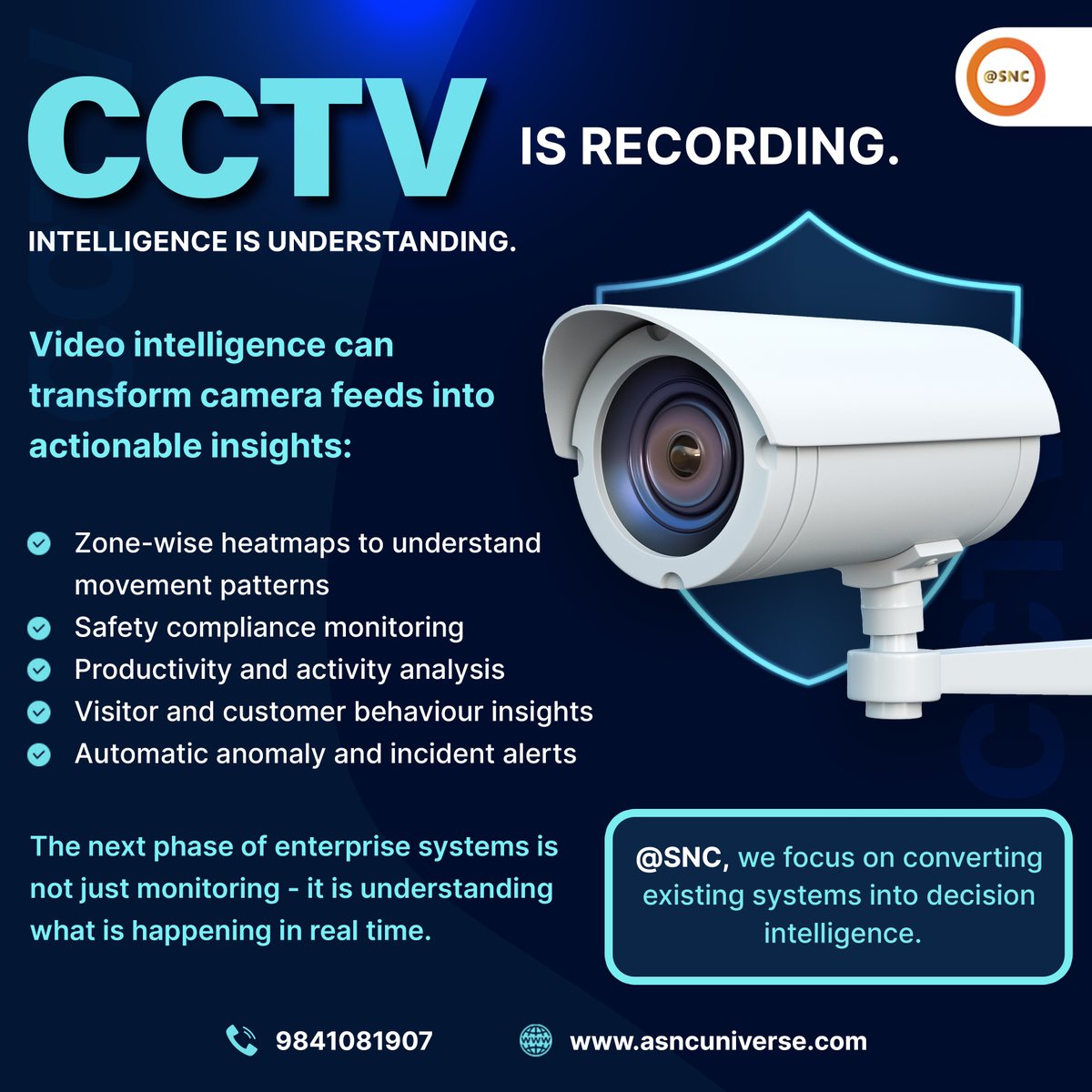 SNCoffice's tweet photo. CCTV records. Intelligence understands.
Turn camera feeds into real-time insights-heatmaps, safety tracking, productivity analysis, and instant alerts.
The future isn’t monitoring. It’s understanding.
#VideoAnalytics #AI #SafetyCompliance
#SNCUniverse #SNC #ASNC https://t.co/zF4eIDrazj