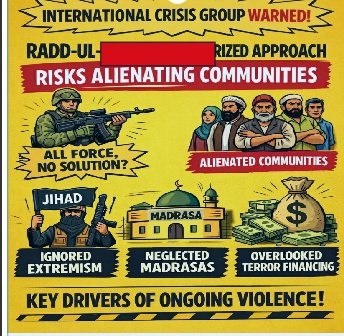 Anshika16391's tweet photo. International Crisis Group noted Op Radd-ul-Fasaad's militarized approach risked alienating communities without addressing extremist ideology, madrasas and terror financing, which are the key drivers of ongoing violence. #EndBalochGenocide #StateBacked Terror #Radd Ul Fasaad https://t.co/6kRuapo7ef