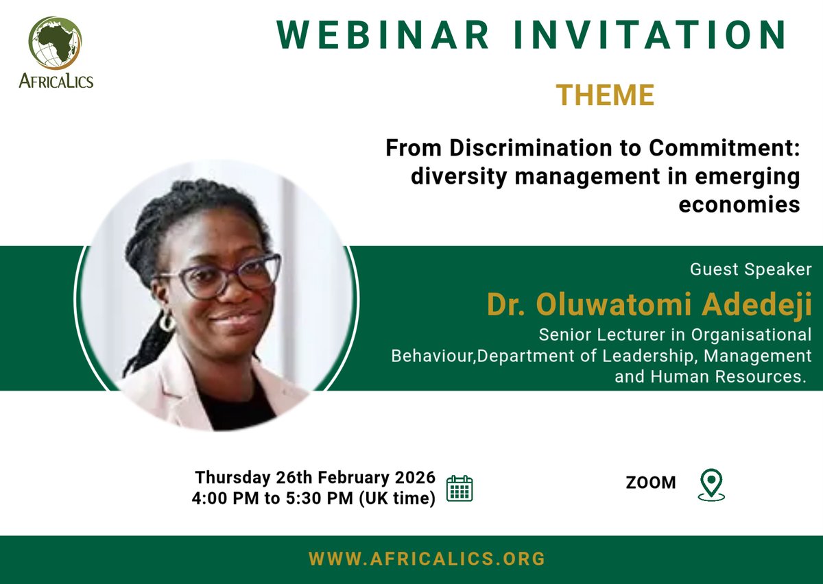 AfricaLics's tweet photo. How do we move from workplace discrimination to genuine commitment? Join the upcoming @AfricaLics webinar on Diversity Management in Emerging Economies. 

Register: https://t.co/m9GG0takzw https://t.co/lppbXARXnU