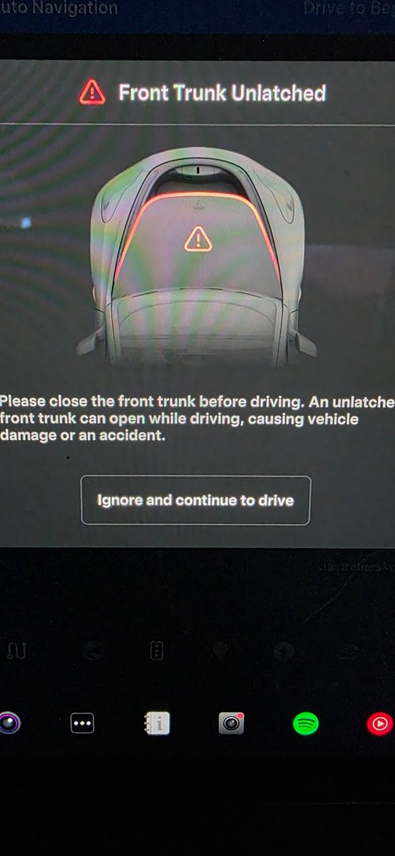 TatarevicIgor's tweet photo. Why, when the frunk sensor fails on my Tesla Model S Plaid-which has already happened twice this year, and I press “Ignore and continue to drive,” does the car still keep beeping, disable wipers, and limit speed to 24 km/h?

This is stupid and dangerous

@Tesla @elonmusk #Tesla https://t.co/QkN2cHRzNe