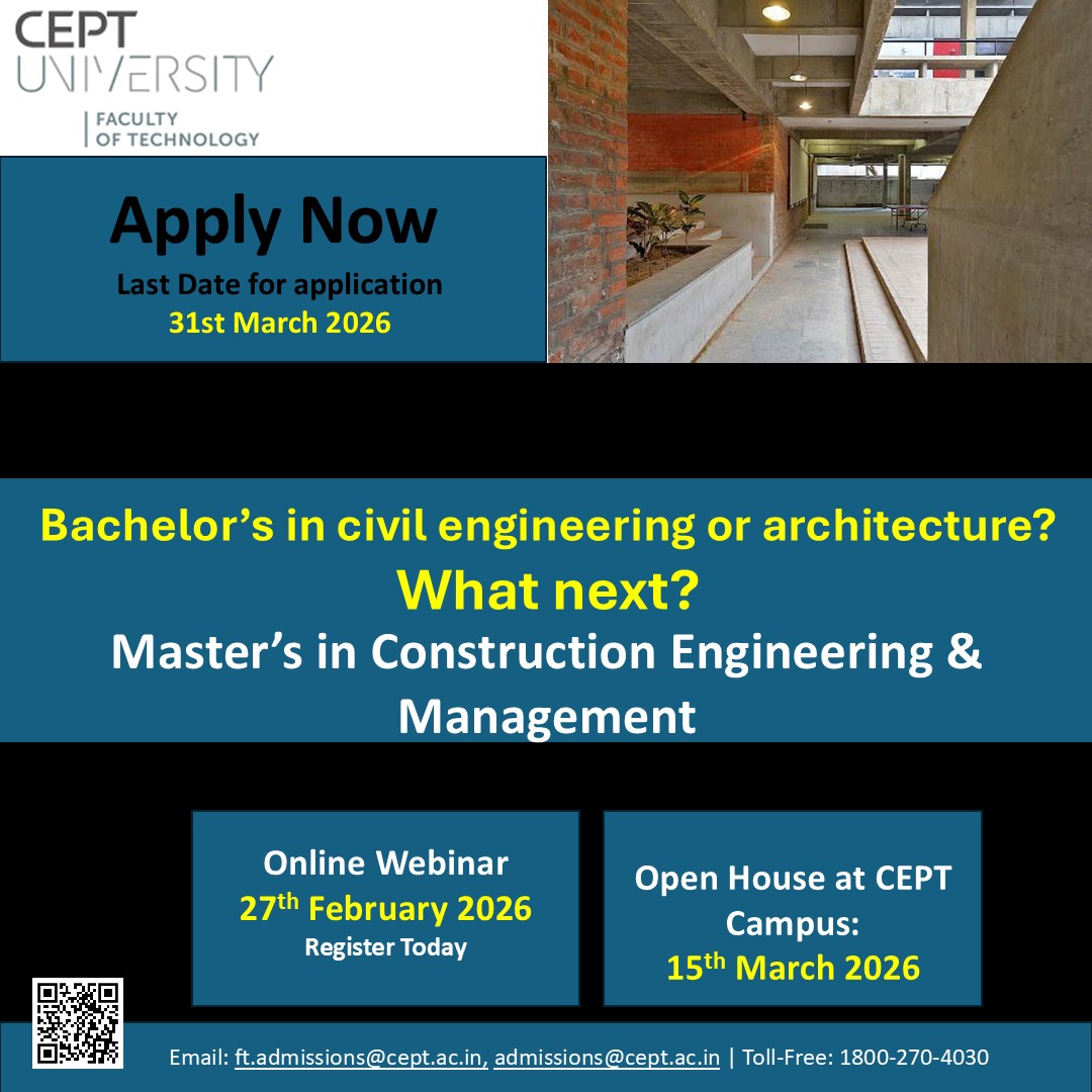 ftceptug's tweet photo. Looking to advance in Construction Engineering &amp; Management?

Join the MCEM webinar at CEPT University. Learn about curriculum, studio approach &amp; career outcomes.

📅 27 Feb | 5:30 PM
Register: https://t.co/fXfFUVp4oh
#mcem #constructionmanagement #mtechadmissions #ceptuniversity https://t.co/NKV5VNY2wR