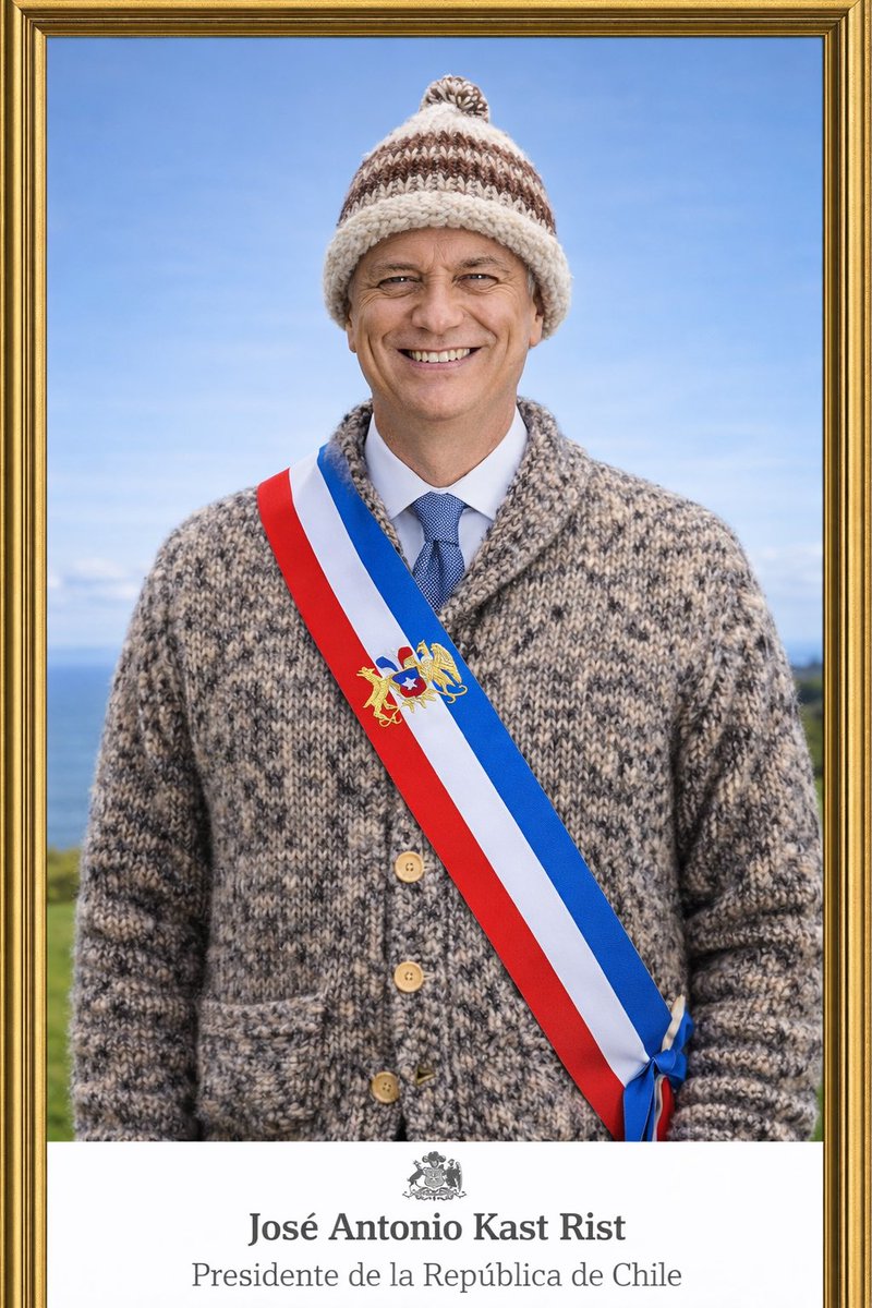 La foto del Presidente <a href="/joseantoniokast/">José Antonio Kast Rist 🖐️🇨🇱</a> con la ropa Chilota de <a href="/CesarLevin/">ℂé𝕤𝕒𝕣 Antonio Levin Silva🇨🇱 ✋🏼CL</a> , un foto al Estilo de Chiloé #KastPresidente #chile #ChileTieneEsperanza #KastPresidente