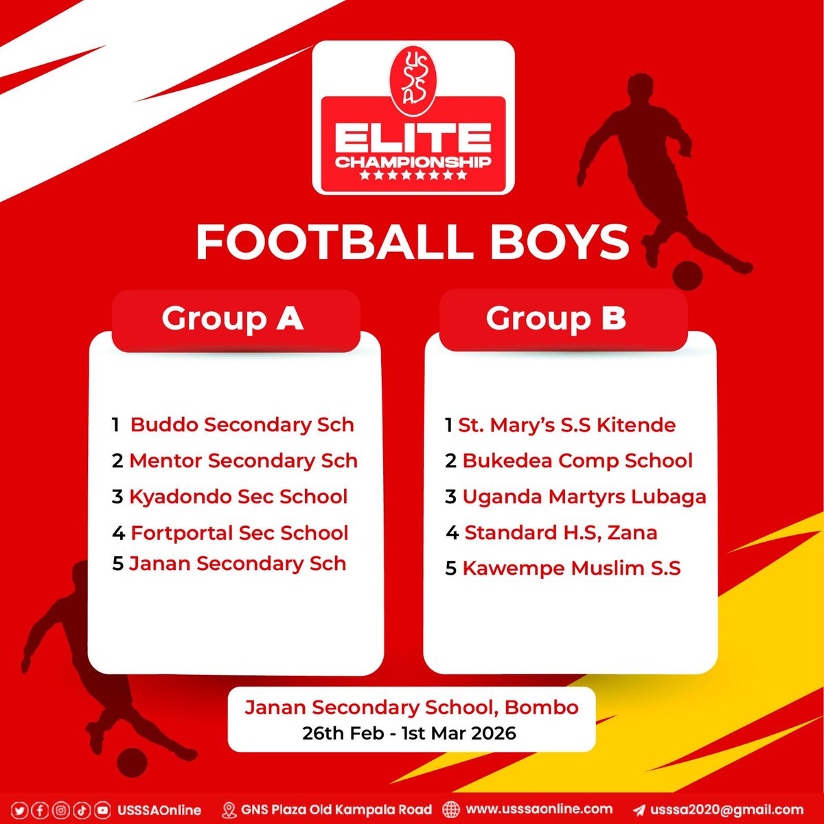 🔥 "Draws done at GNS Plaza!  Janan SS Bombo is set to host the Elite Games 2026 from Feb 26 to Mar 1. Group A vs Group B - who's gonna dominate? 🏆 #USSSAEliteGames #JananSSBombo #FootballBoys"