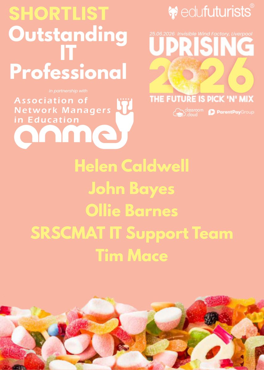 TheANME's tweet photo. We're thrilled to announce the shortlist for the 2026 Outstanding IT Professional @EduFuturists Award! 
Congratulations to: Helen, John, Ollie, SRSCMAT IT Support Team, and Tim
Good luck to you all!
Voting is open, so please show your support here: 
https://t.co/Kn6Z4ucCn3
#ANME https://t.co/iaZUVPKw2v
