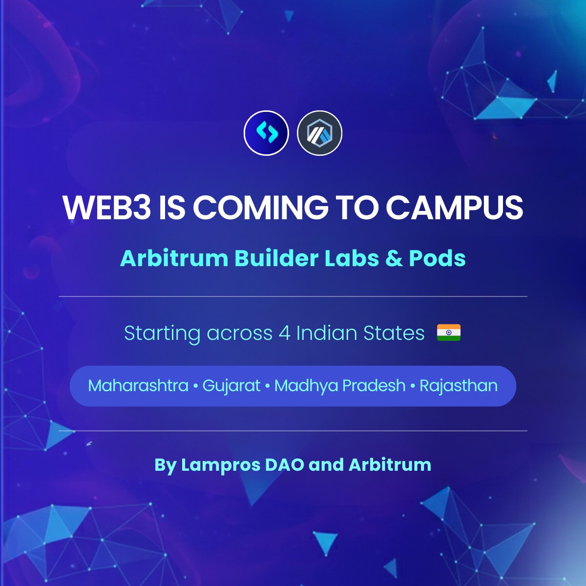 lamprosdao's tweet photo. We’re launching Arbitrum Builder Labs & Builder Pods in India! 🇮🇳

Across 4 states.
Inside engineering campuses.

With one clear goal:
Move students from learning Web3 to building real projects.

🧵