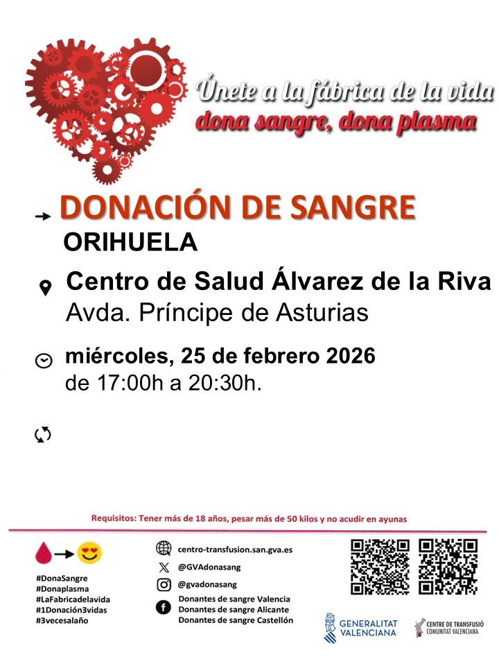 GVAdonasang's tweet photo. Dona sang en #Orihuela
📅Dimecres #25febrer
Els components sanguinis no es poden fabricar, la donació altruista és l'única manera d'obtindre'ls.
#DonaSang
Uneix-te a #LaFàbricaDeLaVida❤ https://t.co/9kBulBPfHB