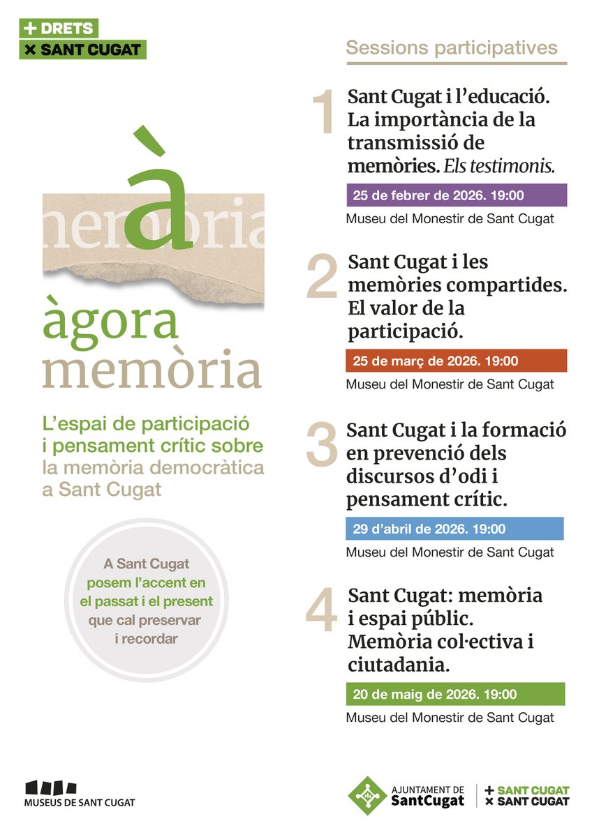 #SomMemòria 🧠 | No et perdis avui la primera sessió de l’Àgora Memòria de Sant Cugat, dedicat a l’educació en la transmissió de memòries 💬

🙋🏻♀️ La directora de l’<a href="/arxiunacional/">Arxiu Nacional</a> aportarà l’experiència dels arxius 📂

📍 Al Museu del Monestir, 19 h

🔗tuit.cat/glTQQ