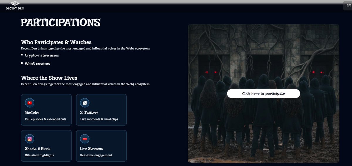 Came across <a href="/TheDecentDen/">The Decent Den</a>. what is it?

The Decent Den is first ever Web3-themed reality show, where crypto creators compete in challenges inspired by blockchain concepts. 

Think entertainment + crypto culture + livestream format.

Had a little Convo with one of the founding