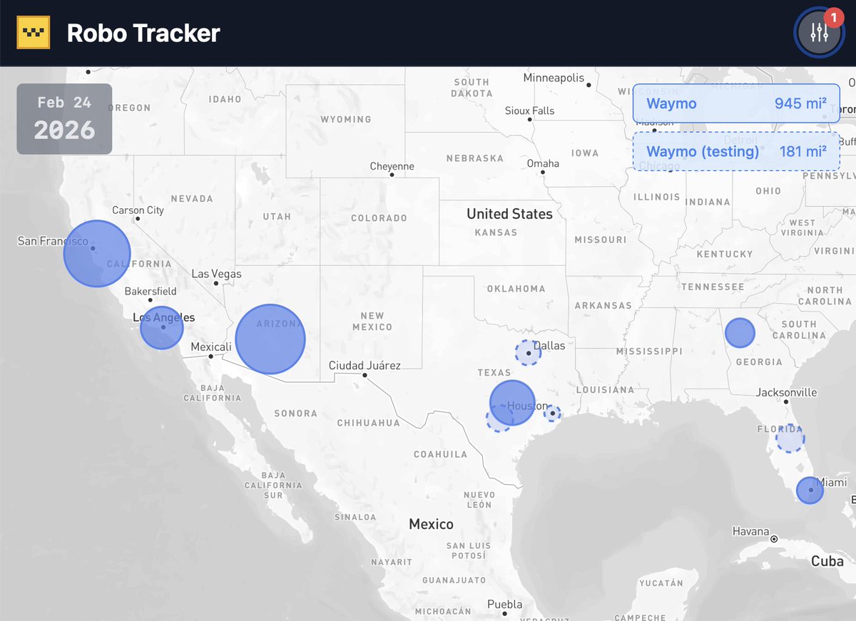 robotrackerapp's tweet photo. Waymo is adding 181 sq miles to their service area: 
- Dallas (48 sq mi)
- Houston (22 sq mi)
- San Antonio (53 sq mi)
- Orlando (58 sq mi) https://t.co/4CEZak28Xb