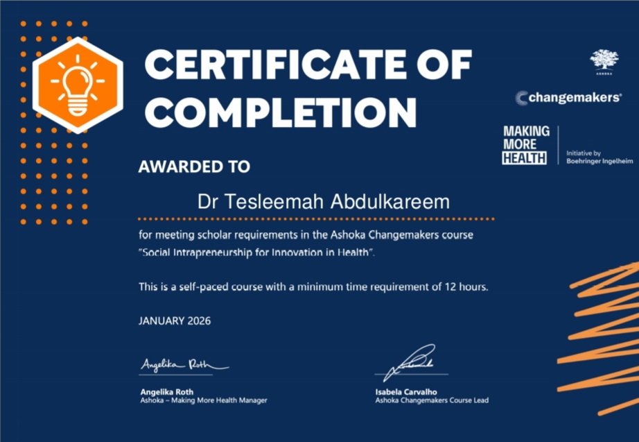 I earned a distinction award after meeting up the 132 point scholar requirement to complete the course in "Social Intrapreneurship for innovation in Health"